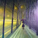 An oil on canvas by Brian Baldwin, winter study with a lady walking down a snowy path at night,