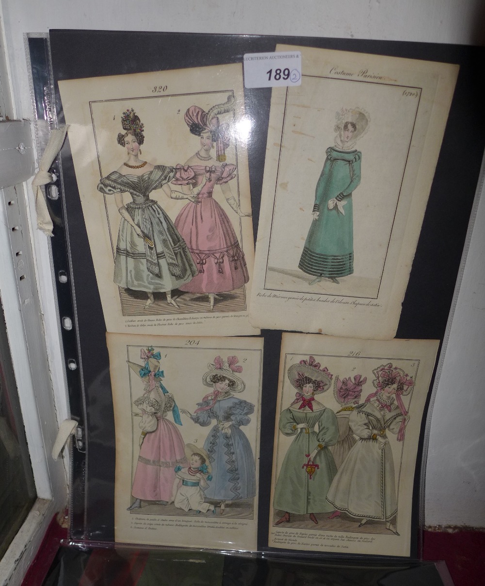 Eight unframed mainly early 19th century fashion prints together with two Victorian overpainted
