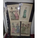 Eight unframed mainly early 19th century fashion prints together with two Victorian overpainted