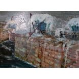 A 20th Century oil on canvas of waves crashing over a sea wall in a white painted frame