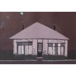 Christopher Gee, a gouache painting of a bungalow, signed, details to verso, in a black frame.