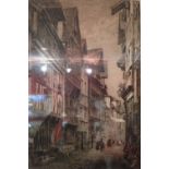 An etching of a street scene lined with Tudor buildings, signed H Haig,