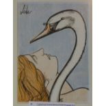 A glazed and framed Bernard Buffet lithograph of a woman with a swan from Audre Sauret editions