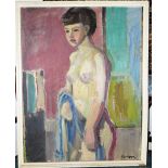 An oil on canvas female nude, signed indistinctly in a white painted frame.