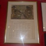 A glazed and framed print 'The Oxford Almanack'.