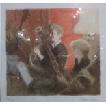 A glazed and framed limited edition lithograph by Bernard Dunston of musicians,