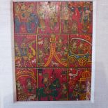 A pair of hand painted double sided paintings on panel depicting figures on a red ground,