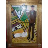 A 20th century oil on board Surrealist study with a smartly dressed man and reclining lady beside