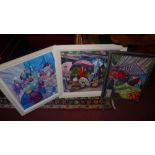 Eve Peters, a set of three unframed oil on canvas market scenes,