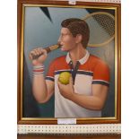 A signed oil on board, "Tennis I" 1982, by Fred Aris, Portal Gallery label, Bond Street,