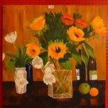 Eve Peters, an unframed oil on canvas still life depicting a vase of flowers, signed to verso.