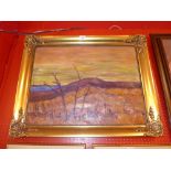 A 20th century European oil on board semi abstract landscape study monogrammed 'TL' in gilt frame.