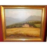 An oil on canvas landscape study of a cottage in a wheatfield with mountains in the distance in a