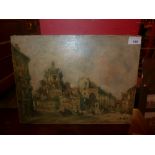 An unframed oil on canvas of a city scene, possibly central or South America, signed indistinctly