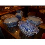 A collection of antique blue and white items including examples by Spode (af)