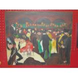 An unframed oil on canvas, tavern interior scene with ladies and gents standing at the bar,
