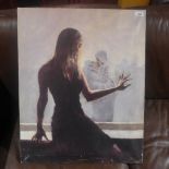 A contemporary unframed oil on canvas depicting a seated lady titled 'Forgotten Love', signed