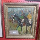 An oil on board depicting jockeys in a gilt frame