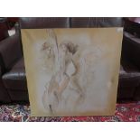 A contemporary unframed oil on canvas depicting female nude musicians, signed Lopez