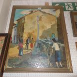 An oil on canvas of a continental street scene, signed indistinctly in a gilt frame