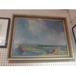 An oil on board coastal scene with beached rowing boats, in a parcel gilt frame