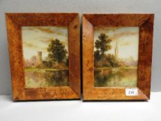 A pair of small river scenes on boards, signed lower right in burr walnut frames.