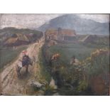 An Irish 19th century Impressionist oil on board landscape depicting figures on a country road,