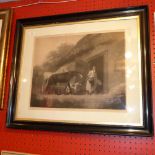 George Moorland monochrome print farming scene with figures and horses beside a cottage framed and