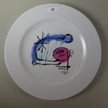 A Joan Miro porcelain dinner plate, 1957, marked 'Suite La Bague D'Aurore, Aiguafort/Aiguatinta.