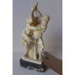 A faux ivory figure group after Ruggeri, Hercules and Diomedes wrestling on a marble pedestal base.
