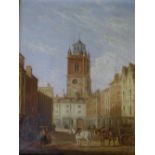 John Williams, 1843, oil on board of a streetscene with horse drawn carriages, signed lower right,