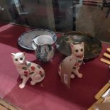 A Chinese papier mache tray together with three porcelain cat figures and a jug and plate