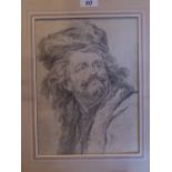 An unframed 18th century pencil portrait of a gentleman with a moustache, wearing a hat,