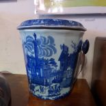 A blue and white, ironstone, two-handled, tulip vase with removable fenestrated bowl,