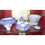 A collection of Chinese blue and white porcelain items including an ink pot,