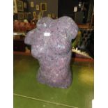 A contemporary designer bust of a torso in purple mosaic glass