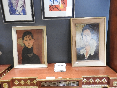 A pair of oils on canvas portrait studies after Modigliani,