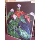 A 20th century oil on board by Hugh de Wet, still life study of lilies in a vase,