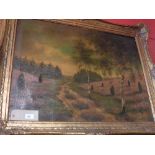 An oil on canvas landscape scene (A/F) in a gilt frame