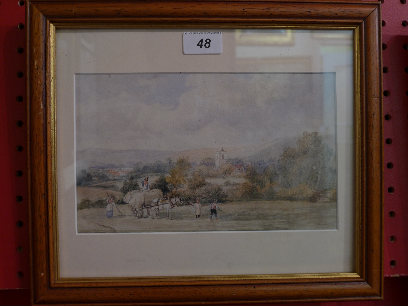 Watercolour by J P Andre Jr, Hay making and view to Hornsey church, Highgate from Hampstead Heath,