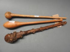 A 19th Century Irish wooden Shillelagh club, L 51cm, a light wood African Knobkerrie club,