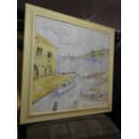 A large oil on canvas harbour scene in blonde pine frame