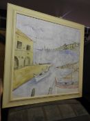 A large oil on canvas harbour scene in blonde pine frame