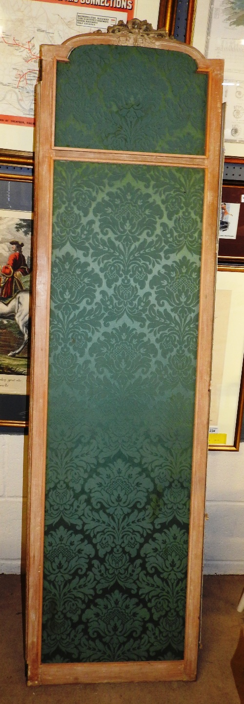 A French limed oak three-fold screen having green damask panels (A/F)