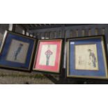 Two framed HMS crescent prints and a set of watercolours depicting various crew members,