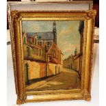 An early 20th century school oil on board of a street scene along with another similar of a cottage