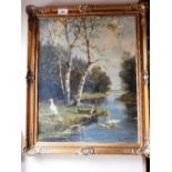 An early 20th century oil on canvas depicting a landscape with ducks,