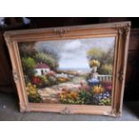 A large oil landscape in gesso style frame