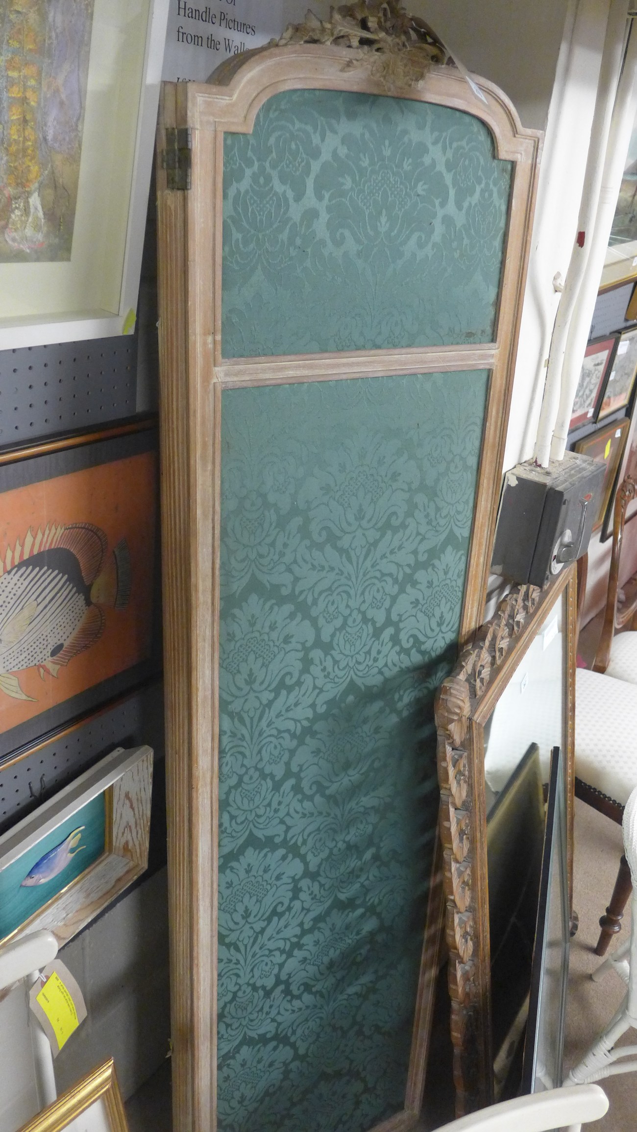 A French limed oak three-fold screen having green damask panels (A/F) - Image 2 of 2