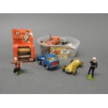A quantity of metal toys including railings, soldiers, a Corgi Jeep,